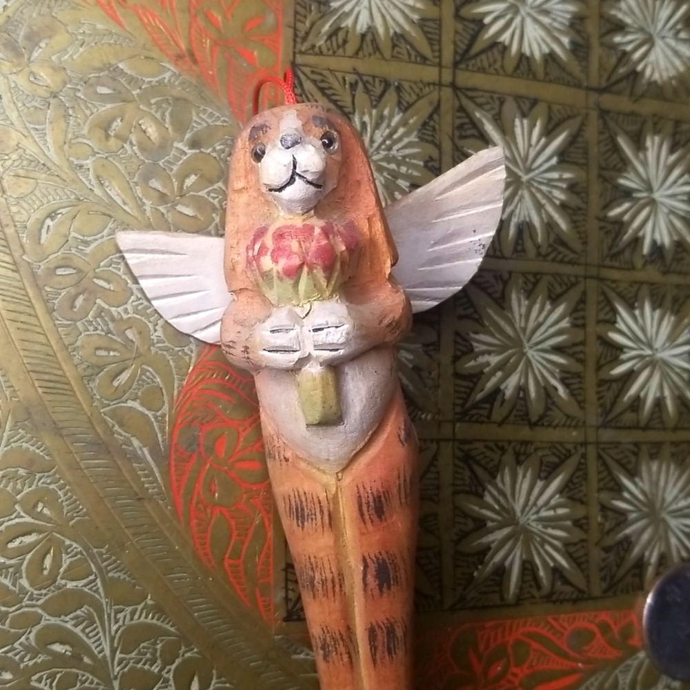 Wooden Folk Art Dog with Wings Ornament-Holding Tulips